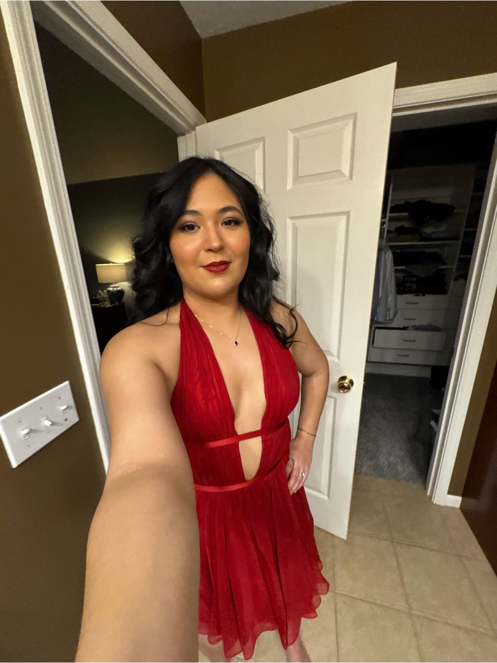 Mirror Palais Red Halter Chiffon Romper - Elegant Deep V open back - Picture 5 of 6